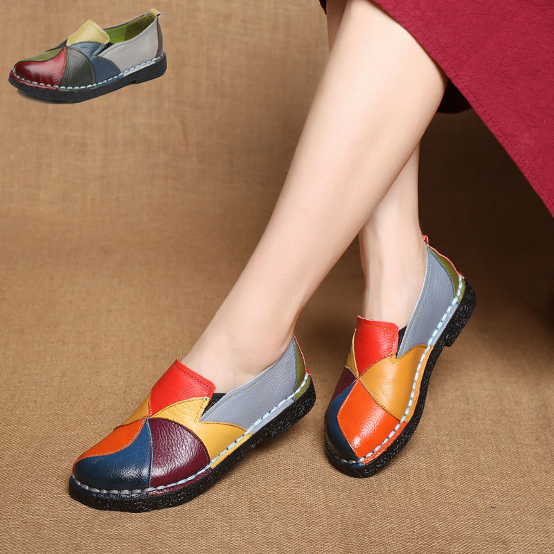 Handmade Leather Soft Shoes National Leather Flats Shoes For Women Casual Female Flats Lady flowerRound Toe Shoes footwear 2098W
