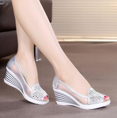 2018 Womens Wedges Shoes Peep Toe Heels Summer Mesh Shoes Lady aa0211