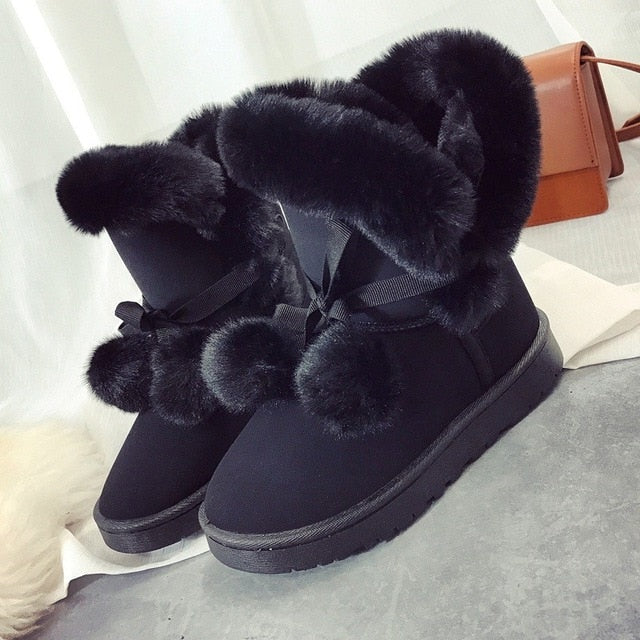 Warm Fur Women Snow Boots Cute Suede Winter Shoes Fur Ball Mid-Calf Boots Female Fashion Boots Non-Slip Snow Casual Shoe ABT1045