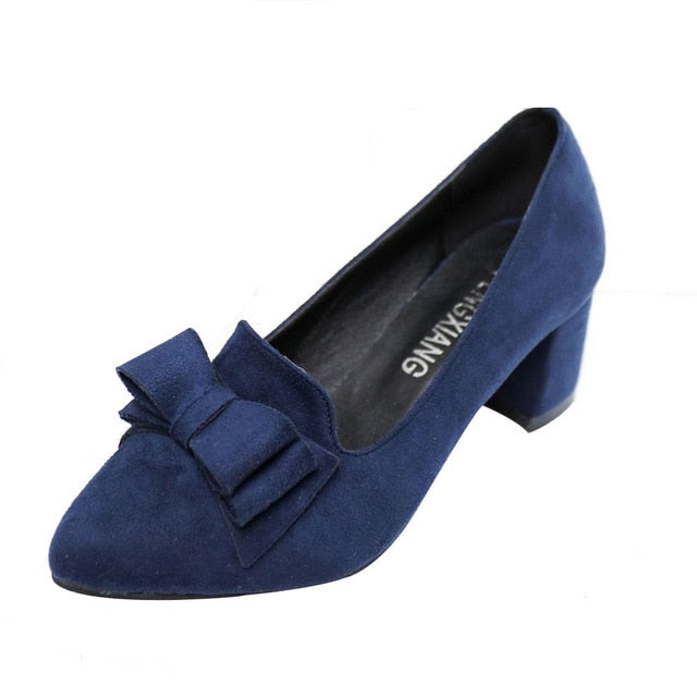 2018 Candy Color Women Pumps Shallow Color Women's Bowknot Suede Block Thick High Heels Shoes Bowtie Working Shoes