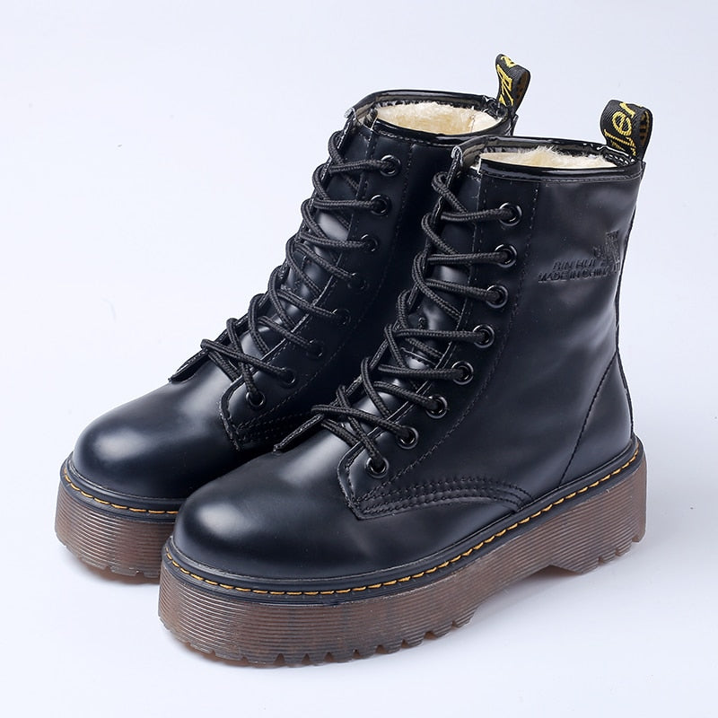 Women Martin Boots Black Ankle Short Boots Lace Up Flat Boots Woman