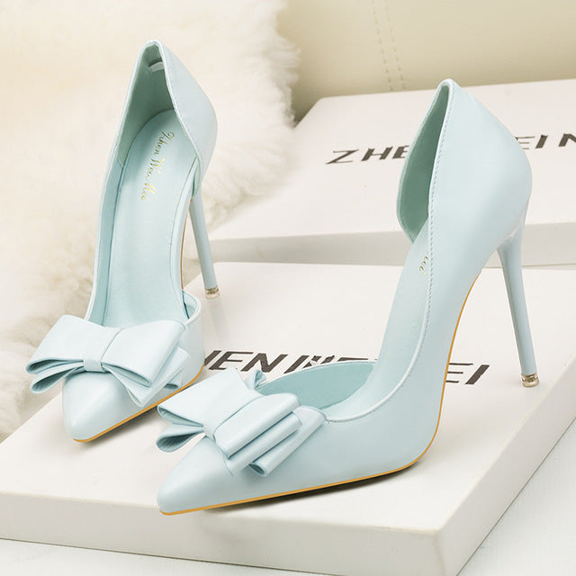 New Fashion Delicate Sweet Bowknot High Heel Shoes Side Hollow Pointed Women Pumps
