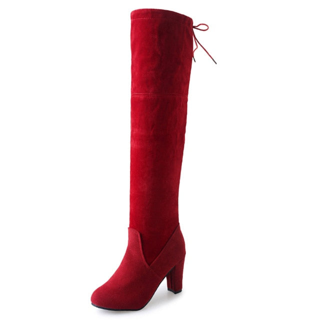 Women Winter Thigh High Boots Suede Leather High Heels Lace up Female Over The Knee Boots Fashion Plus Size Shoes Drop Shipping