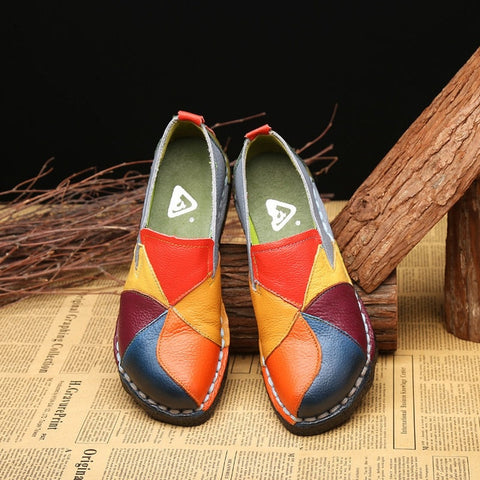 Handmade Leather Soft Shoes National Leather Flats Shoes For Women Casual Female Flats Lady flowerRound Toe Shoes footwear 2098W