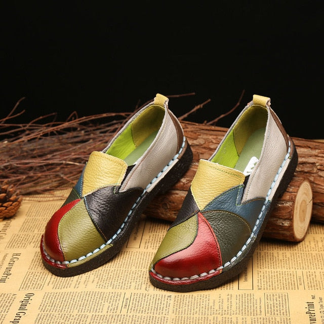 Handmade Leather Soft Shoes National Leather Flats Shoes For Women Casual Female Flats Lady flowerRound Toe Shoes footwear 2098W