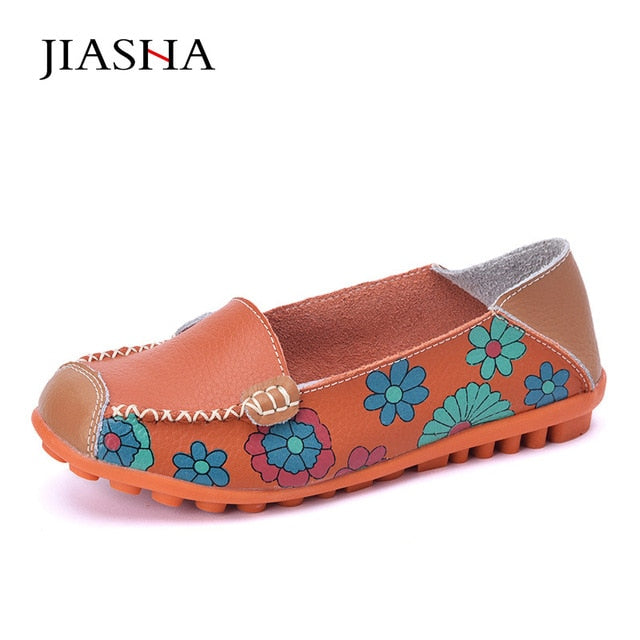 Women flat shoes 2018 new fashion ballet summer flower print women shoes genuine leathe loafers ladies flats shoes woman