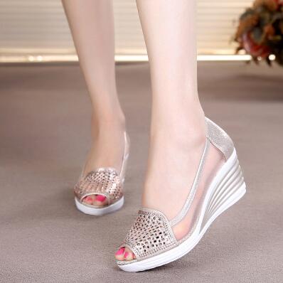2018 Womens Wedges Shoes Peep Toe Heels Summer Mesh Shoes Lady aa0211