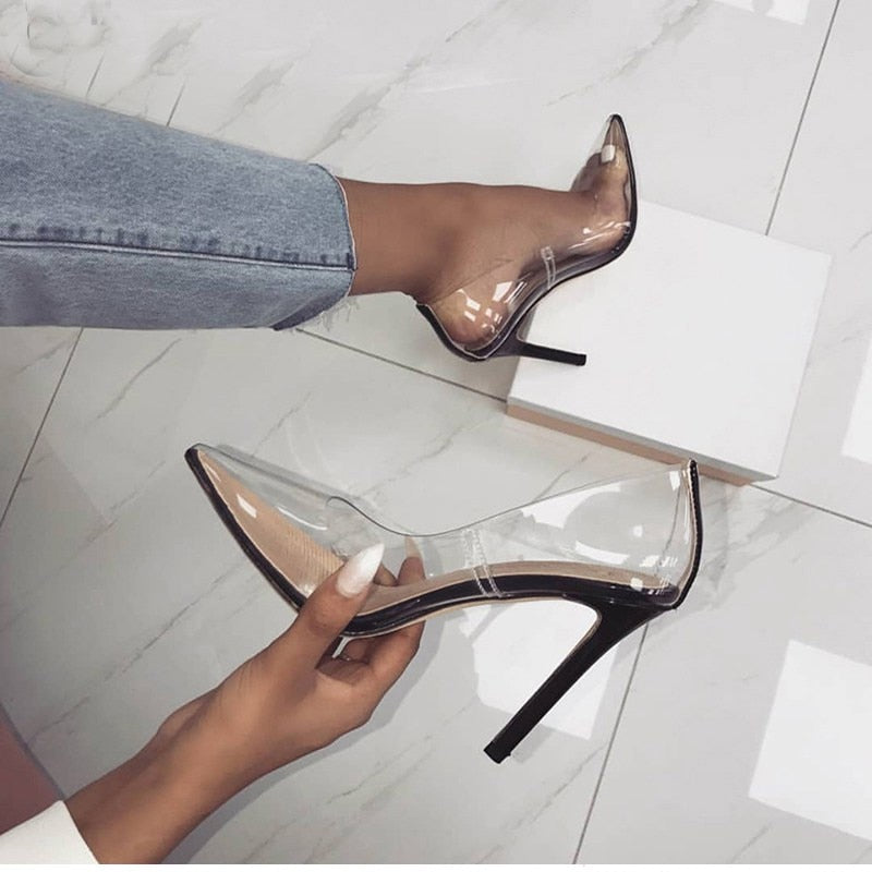 Perixire Women Pumps 2018 Transparent Super High Heels Sexy Pointed Toe Slip-on Wedding Party Shoes For Lady Thin Heels  Pumps