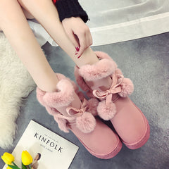 Warm Fur Women Snow Boots Cute Suede Winter Shoes Fur Ball Mid-Calf Boots Female Fashion Boots Non-Slip Snow Casual Shoe ABT1045