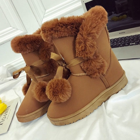 Warm Fur Women Snow Boots Cute Suede Winter Shoes Fur Ball Mid-Calf Boots Female Fashion Boots Non-Slip Snow Casual Shoe ABT1045