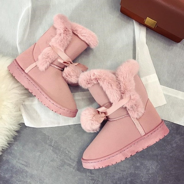 Warm Fur Women Snow Boots Cute Suede Winter Shoes Fur Ball Mid-Calf Boots Female Fashion Boots Non-Slip Snow Casual Shoe ABT1045