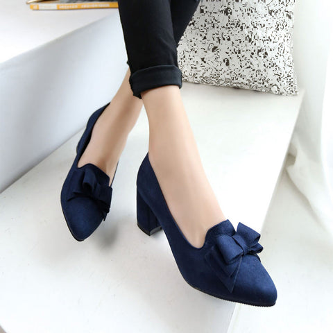 2018 Candy Color Women Pumps Shallow Color Women's Bowknot Suede Block Thick High Heels Shoes Bowtie Working Shoes