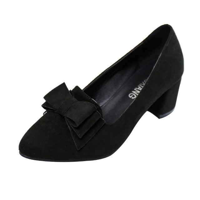 2018 Candy Color Women Pumps Shallow Color Women's Bowknot Suede Block Thick High Heels Shoes Bowtie Working Shoes