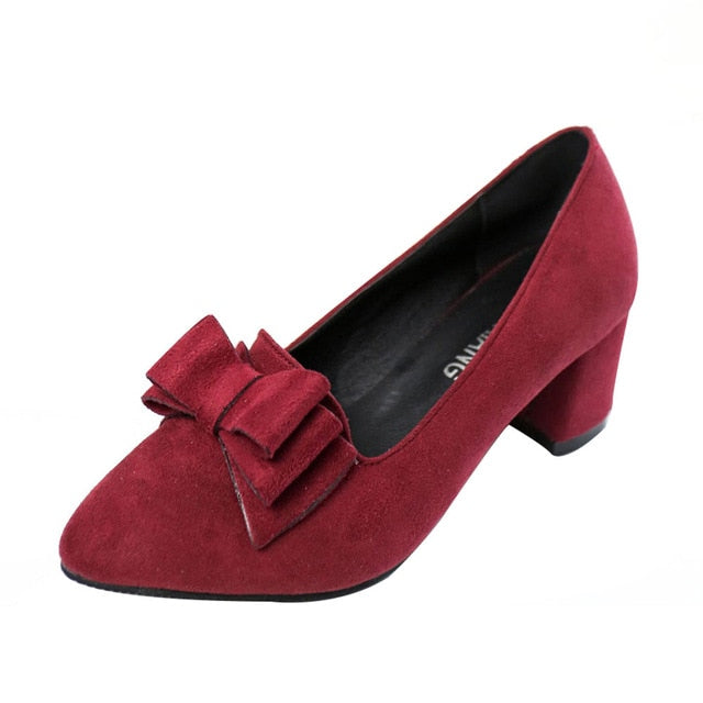 2018 Candy Color Women Pumps Shallow Color Women's Bowknot Suede Block Thick High Heels Shoes Bowtie Working Shoes
