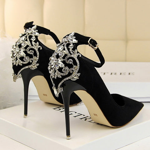 POADISFOO Women Elegant Crystal Pumps  sexy thin shoes super high suede shallow mouth pointed rhinestone single shoe.DS-1717-5
