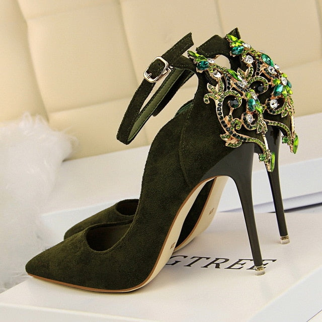 POADISFOO Women Elegant Crystal Pumps  sexy thin shoes super high suede shallow mouth pointed rhinestone single shoe.DS-1717-5