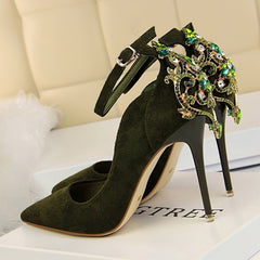 POADISFOO Women Elegant Crystal Pumps  sexy thin shoes super high suede shallow mouth pointed rhinestone single shoe.DS-1717-5