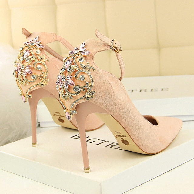 POADISFOO Women Elegant Crystal Pumps  sexy thin shoes super high suede shallow mouth pointed rhinestone single shoe.DS-1717-5