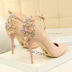 POADISFOO Women Elegant Crystal Pumps  sexy thin shoes super high suede shallow mouth pointed rhinestone single shoe.DS-1717-5