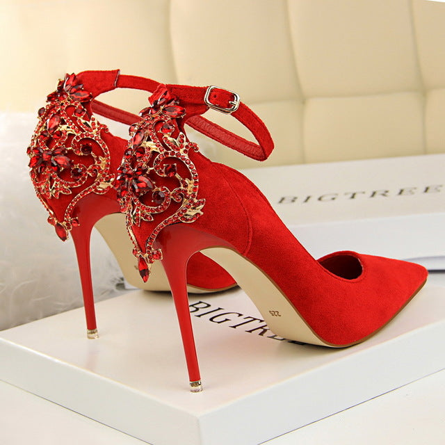POADISFOO Women Elegant Crystal Pumps  sexy thin shoes super high suede shallow mouth pointed rhinestone single shoe.DS-1717-5