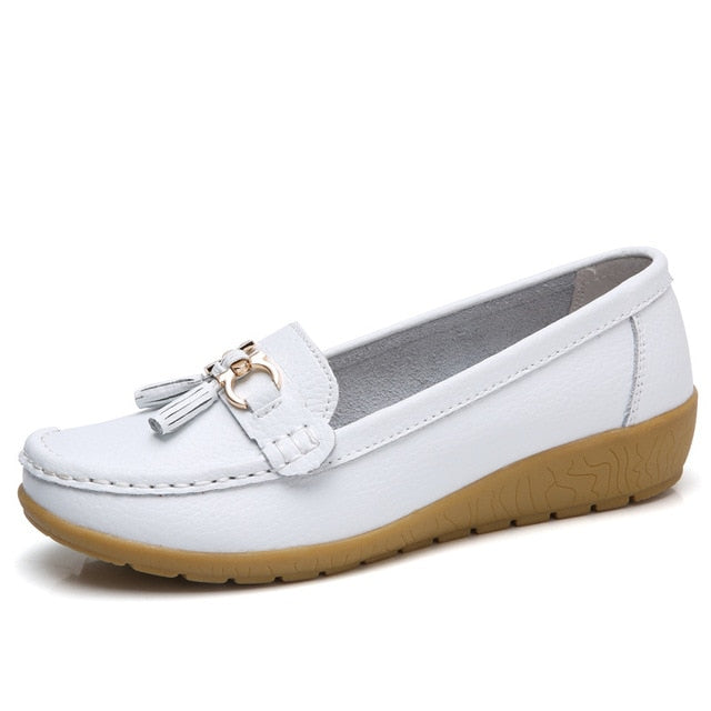 2018 Flats Woman Cow Leather Flats Women Slip On Women's Loafers Metal Decoration Large Size 35-44