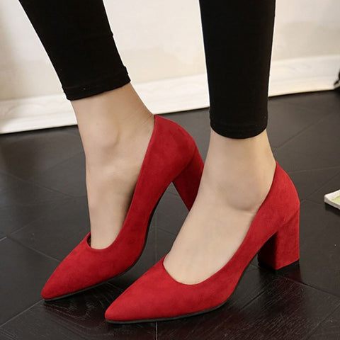 Free shipping Pumps 2018 Pointed high-heeled shoes with heel with a shallow mouth female red bride shoes black wild suede shoes