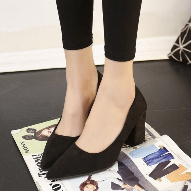 Free shipping Pumps 2018 Pointed high-heeled shoes with heel with a shallow mouth female red bride shoes black wild suede shoes