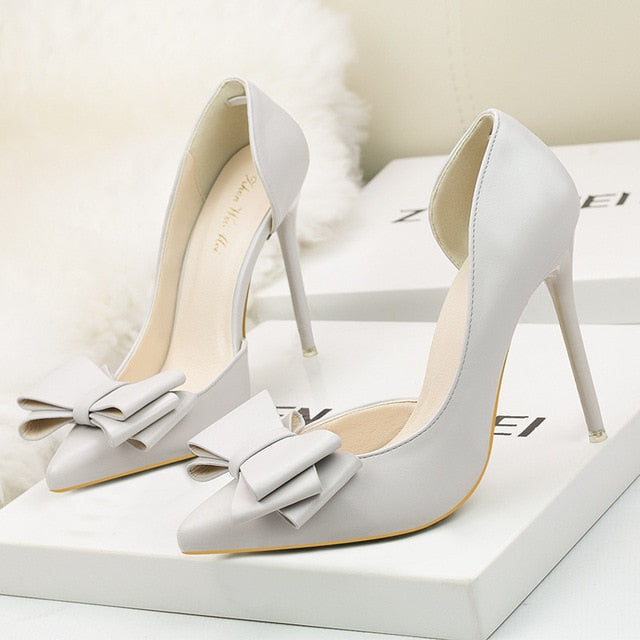 New Fashion Delicate Sweet Bowknot High Heel Shoes Side Hollow Pointed Women Pumps