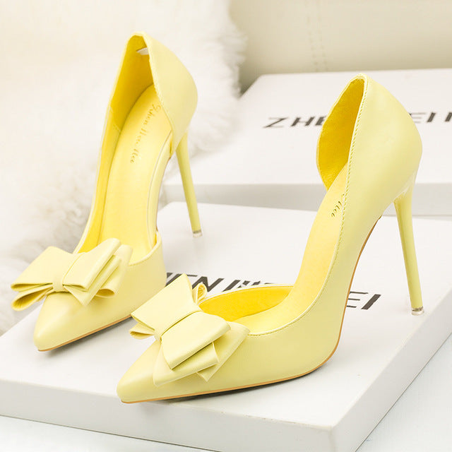 New Fashion Delicate Sweet Bowknot High Heel Shoes Side Hollow Pointed Women Pumps