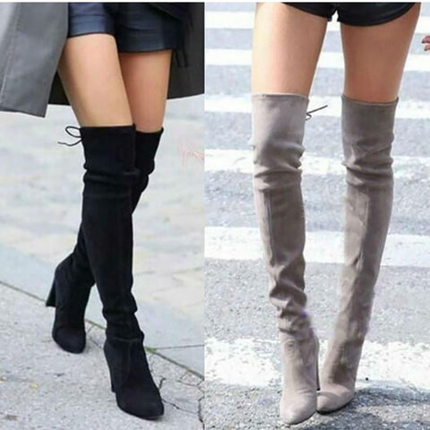 Women Winter Thigh High Boots Suede Leather High Heels Lace up Female Over The Knee Boots Fashion Plus Size Shoes Drop Shipping