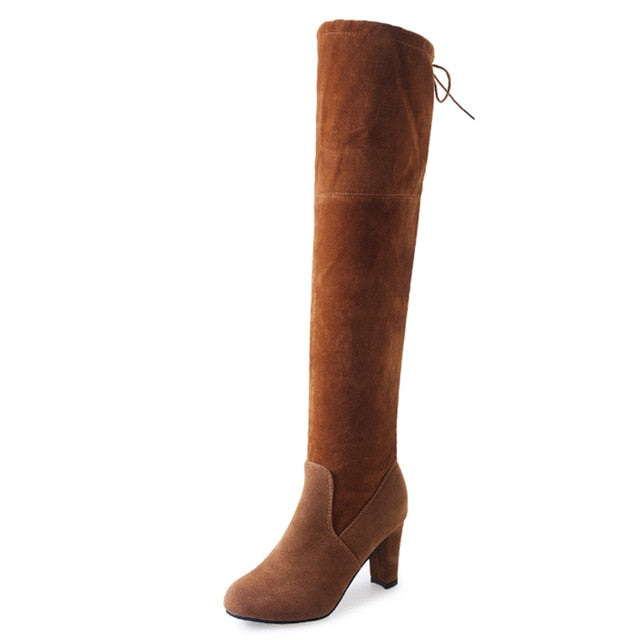 Women Winter Thigh High Boots Suede Leather High Heels Lace up Female Over The Knee Boots Fashion Plus Size Shoes Drop Shipping